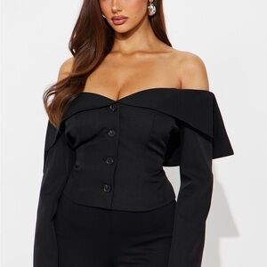Off-Shoulder Black Button Front Top